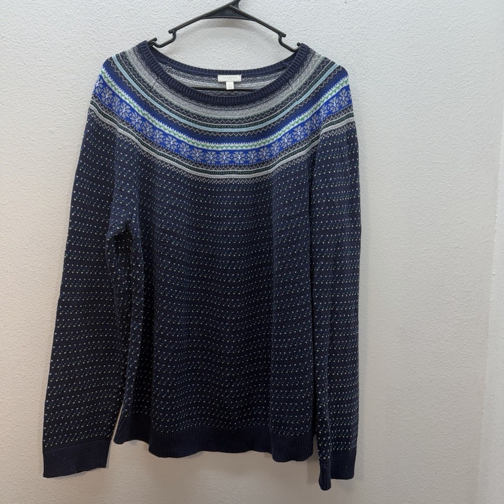 Talbots Nordic Winter Fair Isle Yoke Sweater Blue White XL Cotton‎ Boat Neck